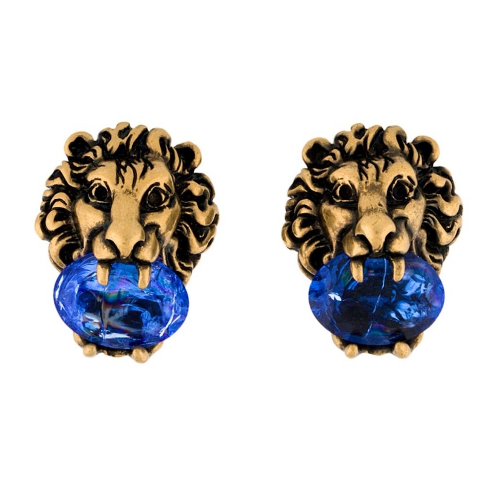Gucci - Gold Lion Head Earrings with Large Stunning Blue Crystal (Clip On)